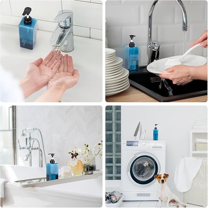 Suream Shampoo Dispenser for Shower, 22oz/650ml Shampoo and Conditioner Bottles with Labels, Lotion Bottle with Black Pump for Body Wash, Massage Oil, Moisturizer(Set of 3, Blue)