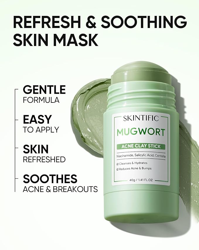 Mugwort Clay Stick Mask for Face, Redness Soothing & Breakout Control with Centella and Salicylic Acid, Gentle Exfoliating, Vegan Skincare, Wash-Off Facial Mud Mask