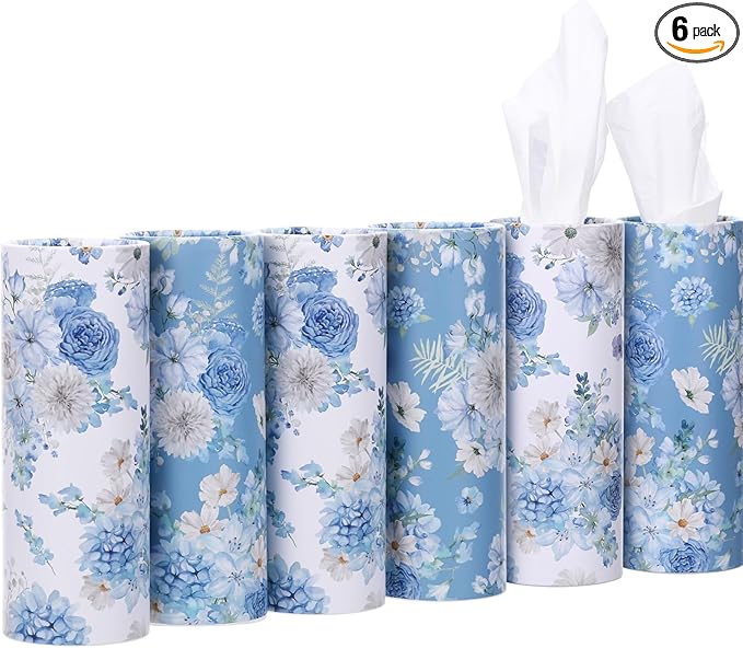 Ctosree Car Tissues Holder with Facial Tissues-6pk- Travel Tissue Tubes Box Container Fit for Car Cup Holder Tissues Floral Cylinder(Blue,White)