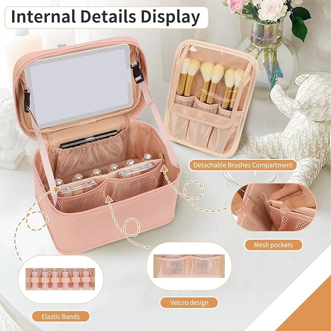 Makeup Bag With LED Mirror, Lightweight Travel Makeup Bag With 3 Color Setting Light Up Mirror Cosmetic Organizer Vanity Case for Women Beauty Tools Accessories Rechargeable Makeup Train Case-Pink
