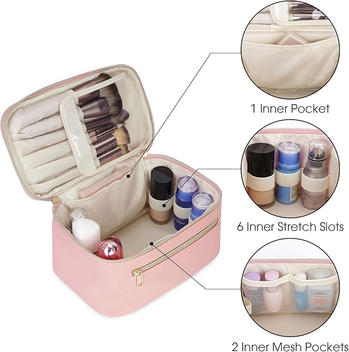 Wandering Nature Makeup Bag, Travel Make Up Organizer Cosmetic Brush Bags Case for Women in Vegan Leather, Pink, Patent Pending