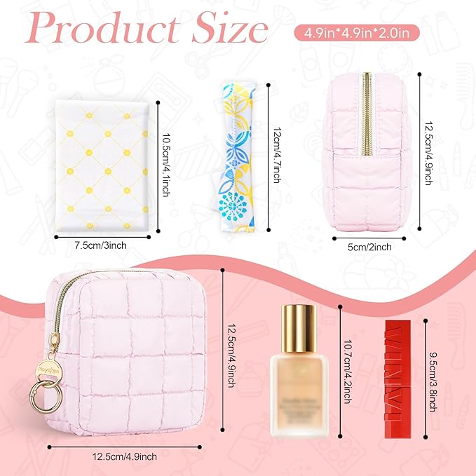 4.9" Puffy Small Makeup Bag, Cute Quilted Cosmetic Bag for Purse, Mini Travel Toiletry Organize Pouches for Women, Birthday/Wedding/Christmas Gifts (Rose Red)