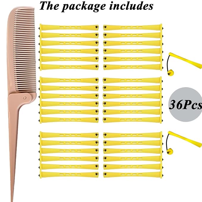 Perm Rods Set for Natural Hair - 36pcs Yellow Cold Wave Rods Plastic Hair Rollers for Short Long Hair Curling Rod with Rat Tail Comb(36pcs Yellow)