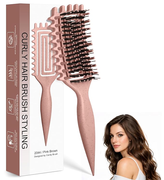 Curl Defining Brush, Curly Hair Brush with Vented Design for Detangling and Shaping, Wet & Dry Use, Reduces Pulling for Women and Men (Pink Brown)