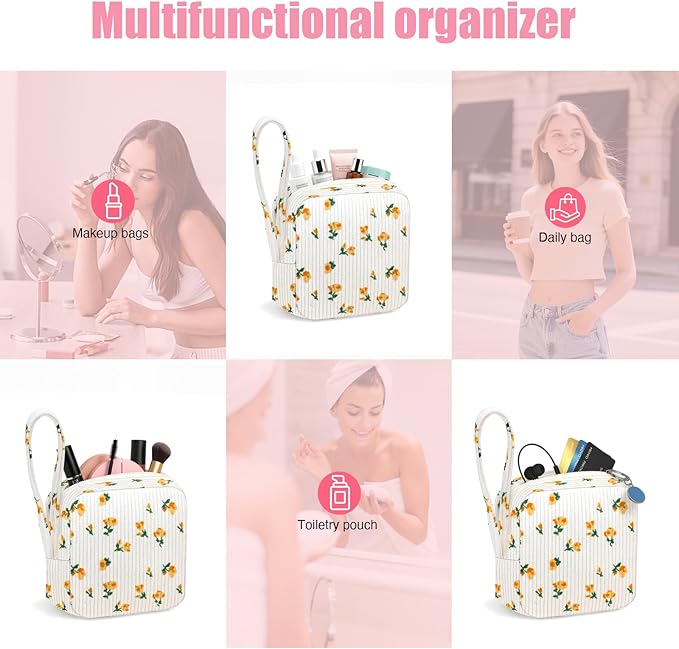 Small Makeup Bag | Discreet Period Bag Pad Pouch for Purse| Sanitary Napkin Storage & Tampon Holder for Travel (Flower yellow)