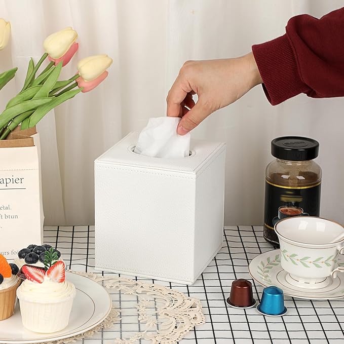 Sumnacon Tissue Box Cover Square Tissue Box Stylish PU Tissue Box Holder with Magnetic Bottom, Cube Leather Tissue Cover for Living Room Bathroom Table Desk Home Office Car, White