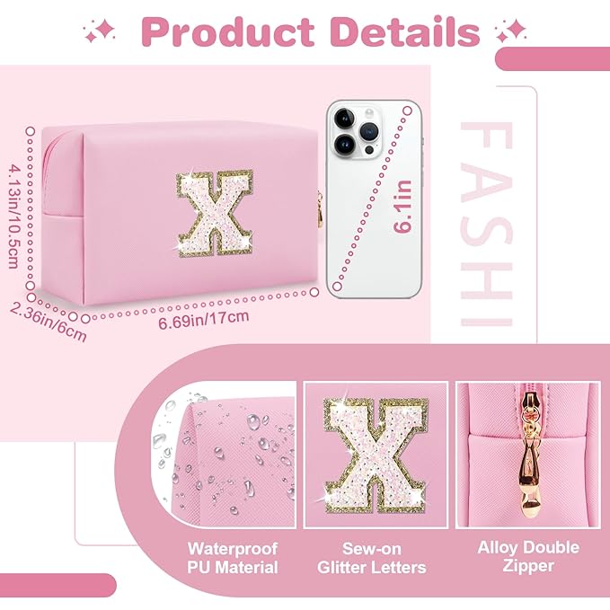 Small Personalized Initial A-Z Patch Makeup Bag,Pink Cute PU Leather Glitter Letter Cosmetic Bag for Teen Girls,Travel Toiletry Bag with Zipper,Preppy Monogrammed Birthday Gift for Daughter Niece X