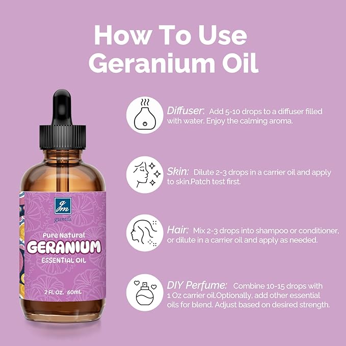 Geranium Essential Oil 2 Oz, Pure Geranium Oil for Skin, Hair, Diffuser, DIY Projects