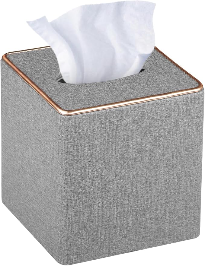 Leather Tissue Box Cover Square,Decorative Cube Tissue Box Holder with Magnetic Bottom,Facial Paper Organizer Table Napkin Case Dispenser for Bathroom NightStand Coffee Car Home Office,Grey