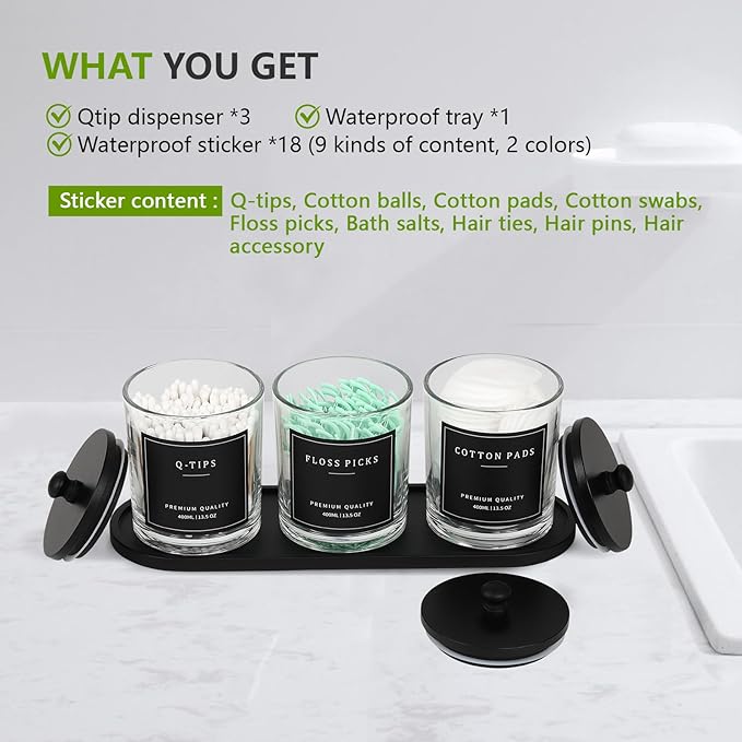 3 Pack Qtip Holder - Bathroom Organizers and Storage, Cotton Round Pad Holder Swab Dispenser Floss Pick Holder with Tray, Glass Apothecary Jars with Lids, Cotton Ball Container - Clear Bk