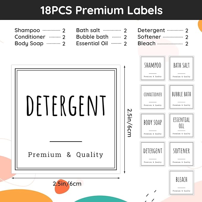 Segbeauty 18pcs Waterproof Self-Adhesive Labels for Organizing Bathroom, Soap Dispenser, Home, Laundry, Cleaning - Removable Stickers for Plastic Glass Bottles