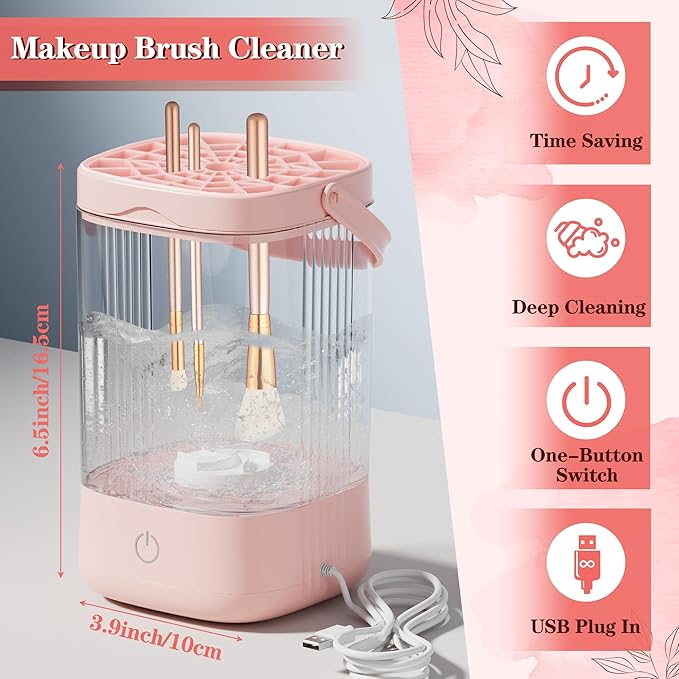 Electric Makeup Brush Cleaner - Portable Makeup Brushes Cleaning Machine, Automatic Spinning Cosmetic Brushes Washer, Make Up Brush Cleaner Tools for Most Sizes Brushes and Sponges (Pink)