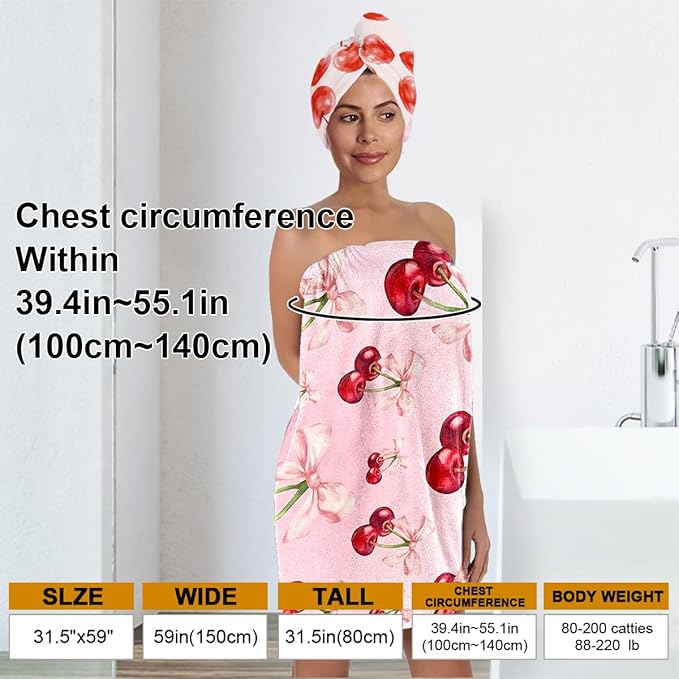 Women's Cherry Bow Shower Wrap and Hair Towel Set – Pink Quick Dry Microfiber Bath Wrap with Adjustable Closure – Cute Spa, Dorm, Gift Towel Set for Girls & Teens (Cherry 3)