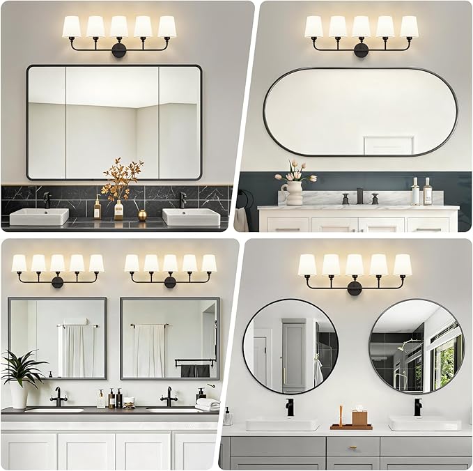 Bathroom Vanity Light, Matte Black Bathroom Light Fixtures, 5-Light Lighting Fixtures Over Mirror, Modern Wall Sconce with Flared White Fabric Shade, E26 Socket(ETL Listed)