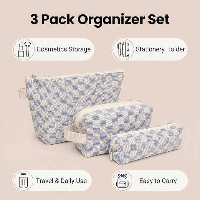 3 Pcs Canvas Makeup Bag Set Checkered Cosmetic Pouch for Women Travel Toiletry Bag Cute Makeup Organizer Purse Pouch Preppy Pencil Case with Zipper (Checkered Blue)