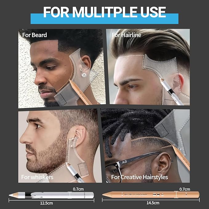 Noerrors Barber Pencil for Lineup White Beige Skin Tone Magic Hairline Pencils Barber Chalk Set Beard Guide Pen with Sharpener Ruler Brush for Hair Design Shaping Trace Grooming Makeup Tool for Men