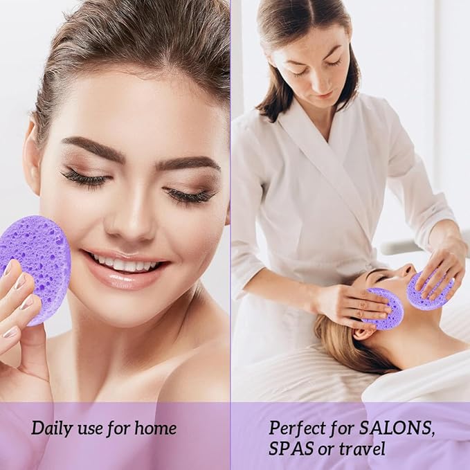 50-Count Facial Sponges Compressed Natural Cellulose Sponge Round Shape Face Sponge for Face Cleansing Exfoliating and Makeup Removal, Purple