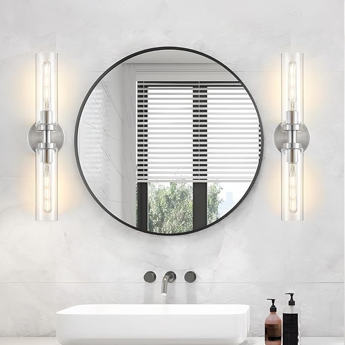 2 Light Bathroom Wall Sconces Set of 2,Modern Farmhouse Brushed Nickel Bathroom Light Fixture Over Mirror with Clear Glass Shade,Vanity Light for Hallway Cabinet Bedroom Stairway Porch
