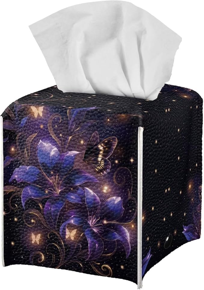 Purple Flower Tissue Box Holder Stylish Leather Square Tissue Box Cover with Top Handle Waterproof Napkin Case Holder Home Office Bathroom Decor
