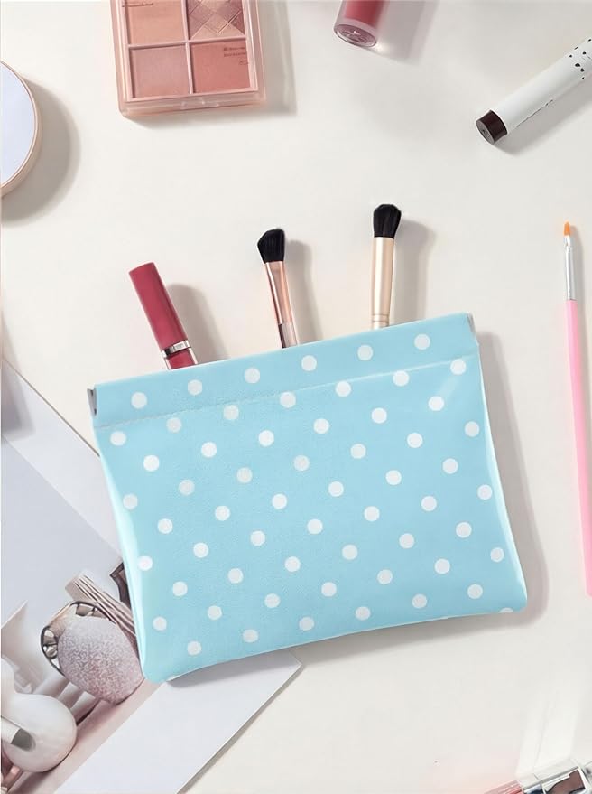 Dots Leather Makeup Pouch Set for Women Small Make Up Bag for Purse Waterproof Initial Makeup Cosmetic Bags Pouches for Purse Aesthetic Travel Toiletry Bag,Blue White