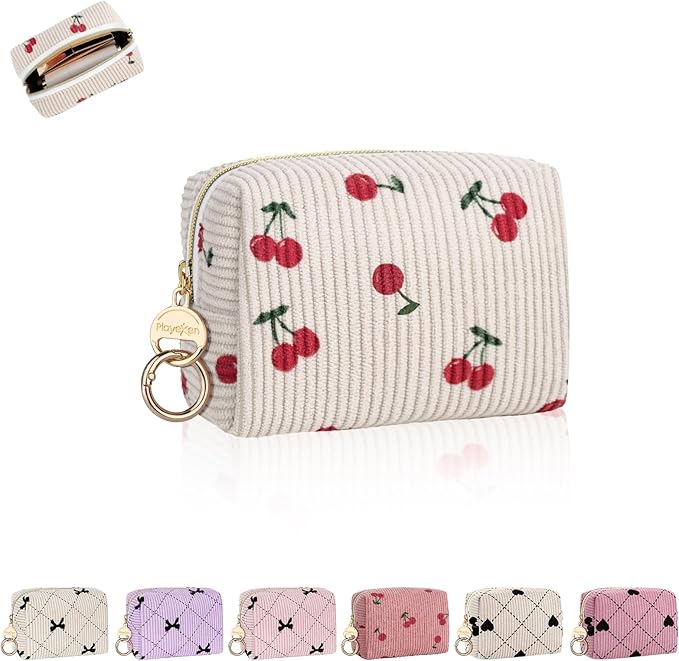 Mini Makeup Bag, Corduroy Small Cosmetic Bag for Purse with Ring Buckle, Cherry Travel Makeup Pouch for Lipsticks, Chapsticks, Coin, Earphone, Credit Card (Beige)