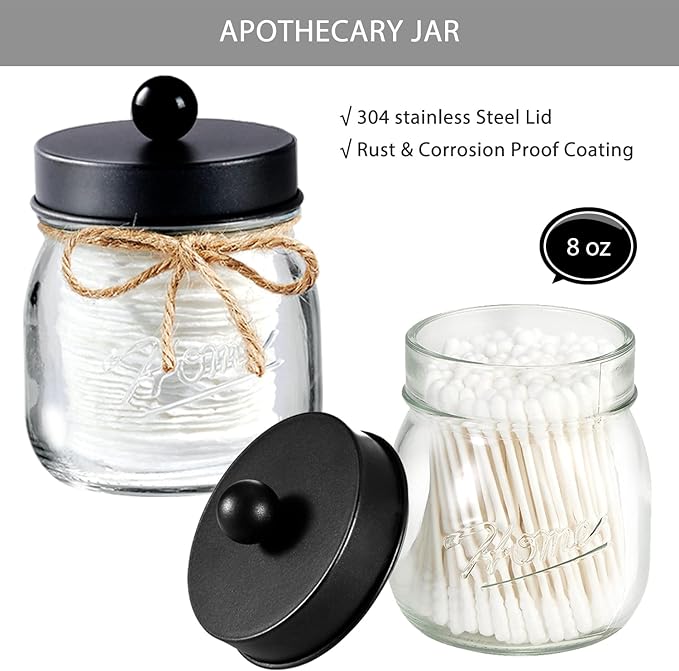 SheeChung 8PCS Bathroom Accessories Set Complete - Soap Dispenser, Mason Jar Toothbrush Holder, 2pcs Qtip Holders, Flower Vase, Soap Holder, Vanity Tray, Toilet Paper Storage, Bathroom Set-Black