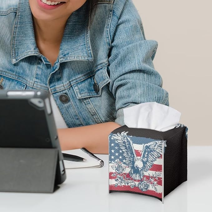 American Flag Eagle Tissue Box Holder Waterproof PU Leather Square Modern Tissue Box Cover with Metal Button Napkin Holder for Home Office Car