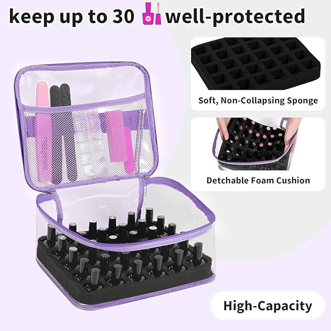 Beloving Nail Polish Organizer Bag Holds 30 Bottles (15ml/0.5 fl.oz) Portable Supplies Organizer Handbag for Manicure Tools, Portable Nail Supplies Kit Organizer Carrying Case (Purple)