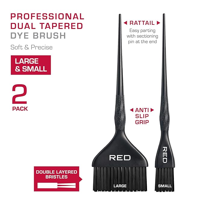 RED by Kiss Professional Dual Tapered Hair Dye Brush, Double Layered Bristles, Non-Slip Spiral Handle, Salon Precision Tool (Large, Small 2 PK)