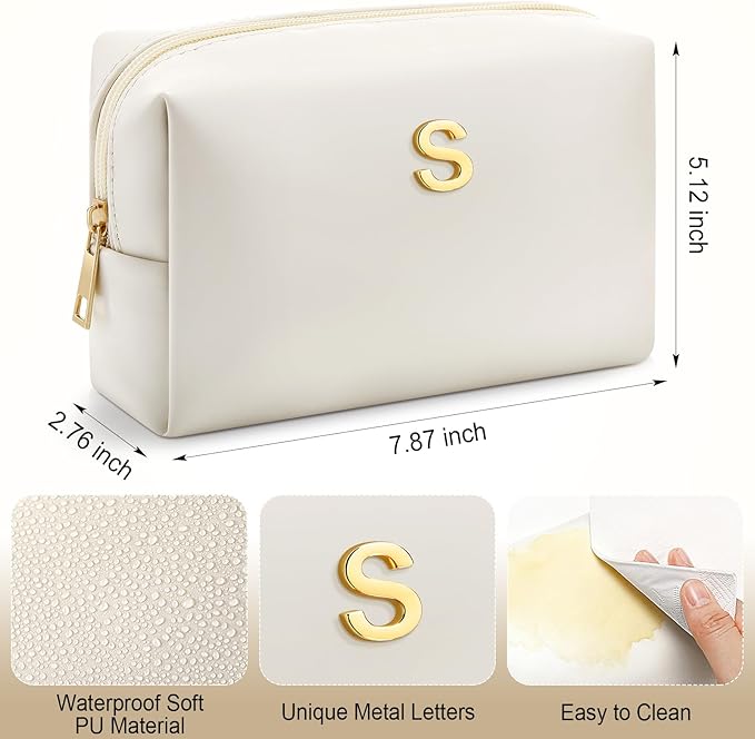Kigeli Initial Makeup Bag for Women Beige Leather Easter Basket Gifts Monogram Cosmetic Bag Small Travel Toiletry Pouch Wedding Birthday Graduation Bridesmaid Gifts for Teen Girls Women Teachers(S)