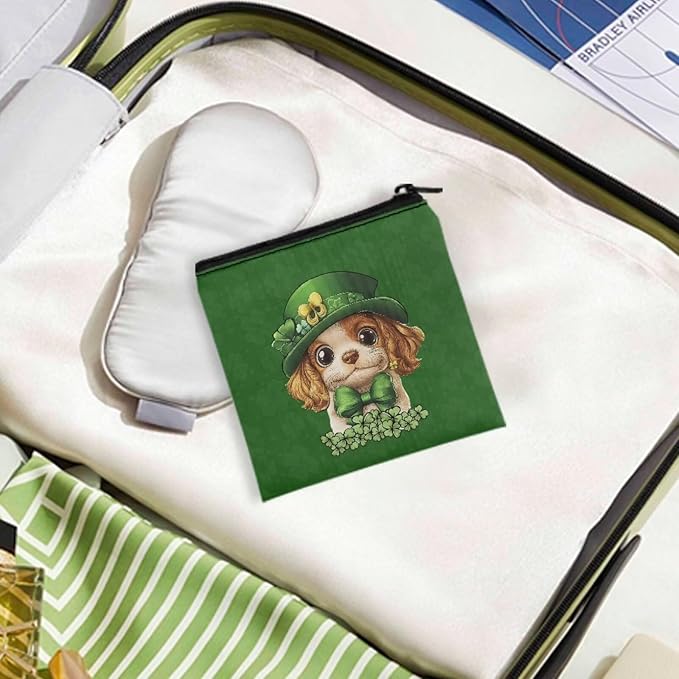 Spring Green Print Period Bag with Zipper Artsy Cute Dog Sanitary Napkin Storage Bag for Active Women Leak-Proof Menstrual Organizer for Sports & Outings