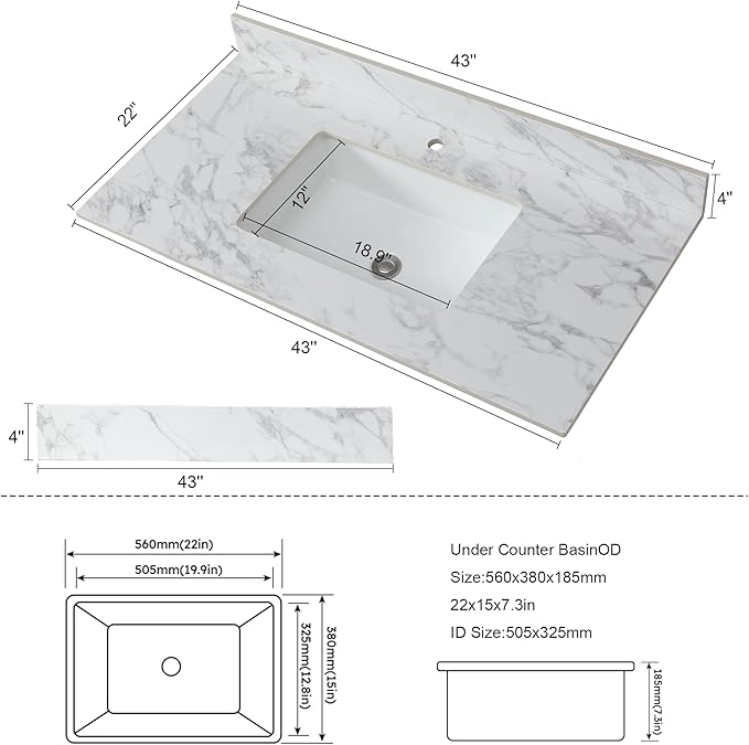 Montary 42" Bathroom Vanity with 43" Sintered Stone Carrara White Top, Modern Stylish MDF Bathroom Storage Cabinet, Vanity Set with 2 Doors and One Large Divided Drawer, White (Single Hole)