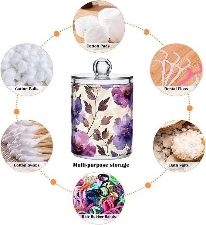 ALAZA 2 Pack Qtip Holder Dispenser for Cotton Ball Purple Tulip Flower Beige Swab Cotton Round Pads Clear Plastic Acrylic Jar Set Bathroom Canister