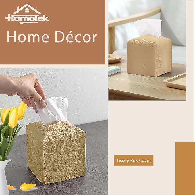HOMOTEK 2 Pack Tissue Box Cover, Square PU Leather Tissue Holder, Decorative Facial Tissue Cube Paper Organizer Dispenser for Bathroom, Night Stands, Desk, Car 5X5X5'' - Beige, Pebble Grain
