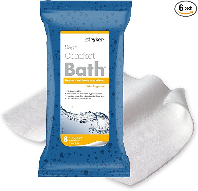 Stryker - Sage Comfort Bath Cleansing Washcloths - 6 Packages, 48 Cloths - Fresh Scent, No-Rinse Bathing Wipes, Ultra-Soft and Heavy Weight Cloth, Hypoallergenic