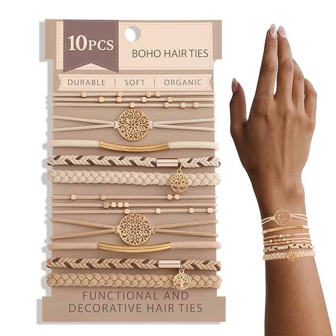 10 Boho Bracelets, Braided & Stretch Hair Ties for Thick/Thin Hair, 5 Styles, Light Coffee Colors - No Damage Ponytail Holders