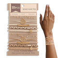 10 Boho Bracelets, Braided & Stretch Hair Ties for Thick/Thin Hair, 5 Styles, Light Coffee Colors - No Damage Ponytail Holders