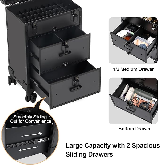3 in 1 Rolling Makeup Case, Professional Cosmetology Case on Wheels with 2 Drawers, Ideal Gift for Hairstylist, Nail Techs, 3 Tiers Portable Beauty Organizer Case for Travel or Salon Use, Black