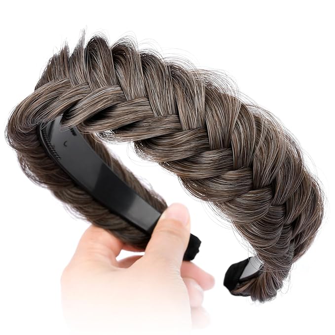 DIGUAN Wide Messy Braided Headband With Teeth Synthetic Hair Plaited Headband High Elasticity Braids Chunky Fishtail Braided Hair Band Hairpiece for Girls Women (Grayish brown)