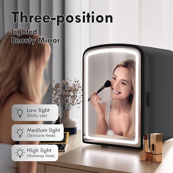 4L Mini Skincare Fridge with Dimmable LED Mirror, Portable Beauty Refrigerator for Makeup, Cosmetic, Personal Small Refrigerator with Cooler and Warmer for Bedroom, Office and Car(Black)