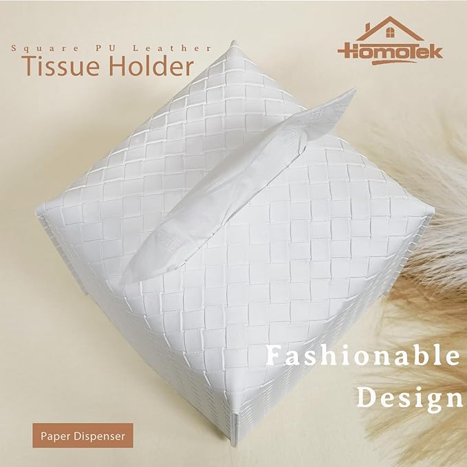 HOMOTEK 2 Pack Tissue Box Cover,PU Leather Tissue Holder,Square Decorative Facial Tissue Cube Paper Organizer Dispenser for Bathroom, Night Stands, Desk, Car 5X5X5'' - Woven Waffle, Pure White