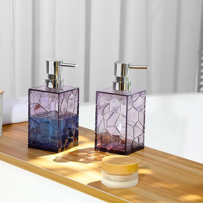Hand Soap Dispenser, Clear Acrylic Plastic Liquid Pump Bottles Refillable Lotion Dispenser for Bathroom Decor Kitchen College Dorm, Purple