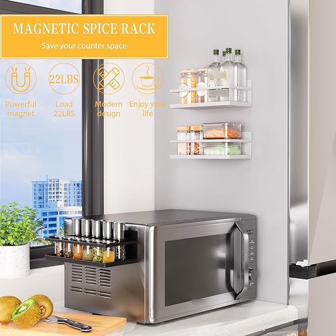 Magnetic Spice Rack for Refrigerator, 2 Pack Magnetic Shelf, Fridge Magnet Organizer with Moveable 6 Hooks, Magnetic Fridge Shelf for Kitchen Organization and Storage(White, 2 Pack)