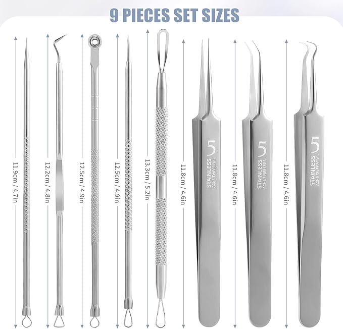 FEITA Blackhead Remover Comedone Extractor Tool, Face Black Head Needle & Curved Tip Acne Tweezers Kit with Metal Box, Facial Stainless Pimple Removal Tools Kit for Nose, Silver 8Pcs