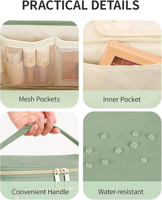 Wandering Nature Large Makeup Bag, Travel Make Up Organizer Cosmetic Brush Bags Case for Women in in Fabric,Sage Green,Patent Pending