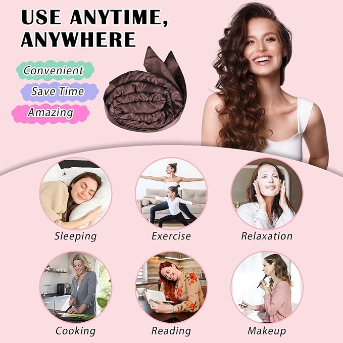 Satin Heatless Curls Overnight Hair Curlers to Sleep In Hair Curler Rollers No Heat Hair Wrap for Curls Headband, 70" Satin Heatless Curling Rod Set for Women Long Waves Hair Volume -Brown 9PCS