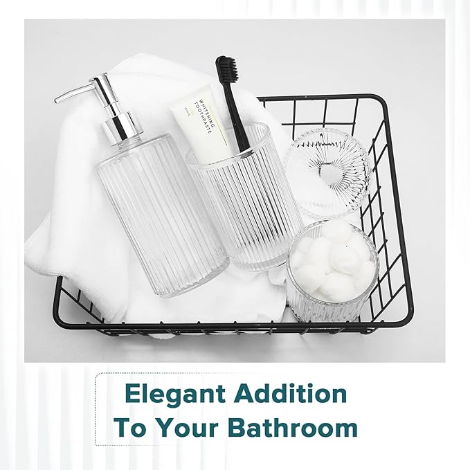 Bathroom Accessories Set, 4 Pack Clear Glass Bath Accessory Sets Complete, Ribbed Soap Dispenser and Toothbrush Holder Set with 2 Qtip Holders, Modern Sliver Bathroom Counter Decor