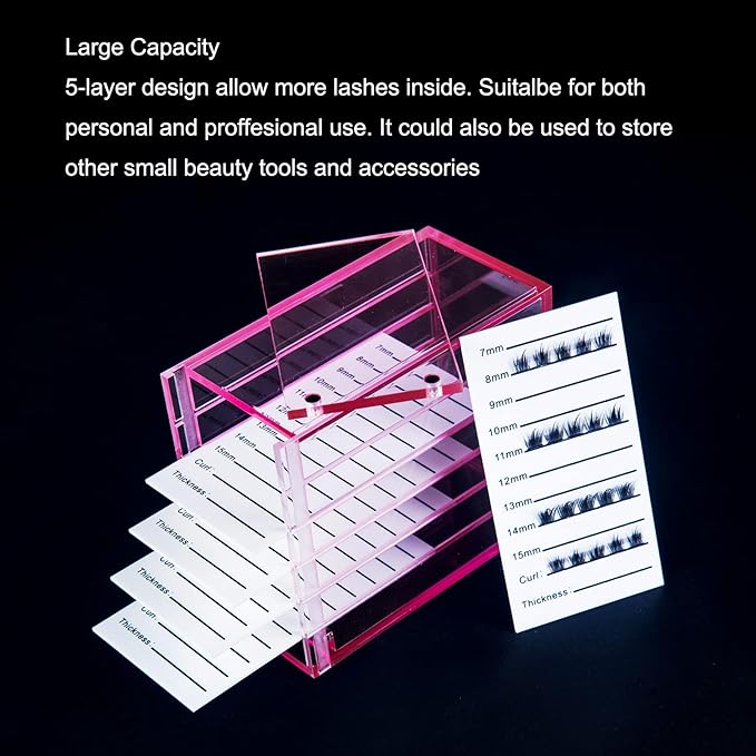 Lash Organizers and Storage, Upgrade design red Small 5-Layer Lash Trays for Lash Extensions with magnet cover, Transparent lash tray Organizer, Eyelash Storage Box