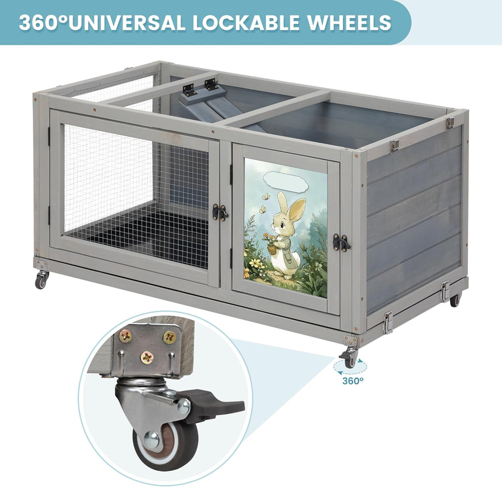 2-Story Wooden Rabbit Hutch for Outdoor & Indoor, Bunny Cage Rabbit House with Wheels, Trays, Ramp, Pet Home for Guinea Pigs, Chickens, Chicken Coop, Gray with Colorful Patterns