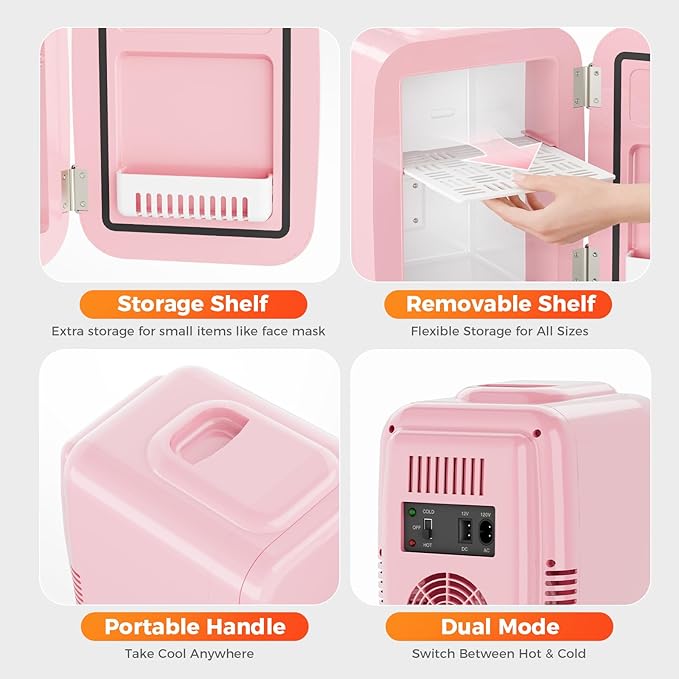 Mini Fridge, 4 Liter/6 Can Mini Makeup Fridge, 110V AC/ 12V DC Portable Thermoelectric Cooler&Warmer for Skincare, Drink, Cosmetic, Medicine, Small fridge for Bedroom, Office, Dorm, Car, Pink